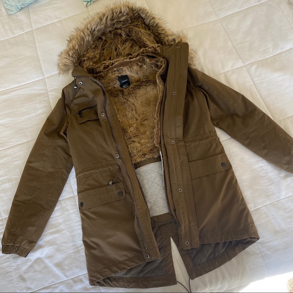 Faux Fur Lined Parka Brown Jacket Small